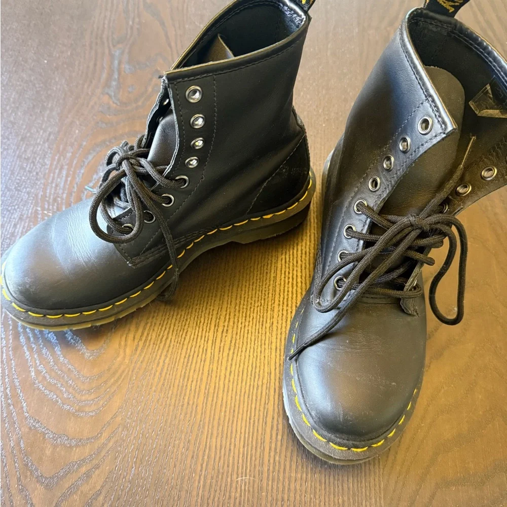Dr. Martens Black Leather Lace-Up Boots with Yellow Stitching - Picture 2 of 4